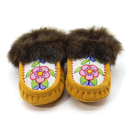 Leather Beaded | Intricate bead-work | Artificial Fur | Pink Flower Green Leaf | HandmadeMoccasins