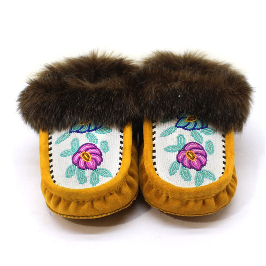Leather Beaded | Intricate bead-work | Artificial Fur | Pink Flower Blue Leaf | HandmadeMoccasins